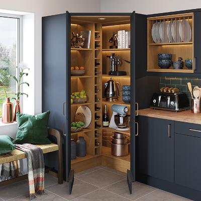 Blue corner fitted kitchen cabinet