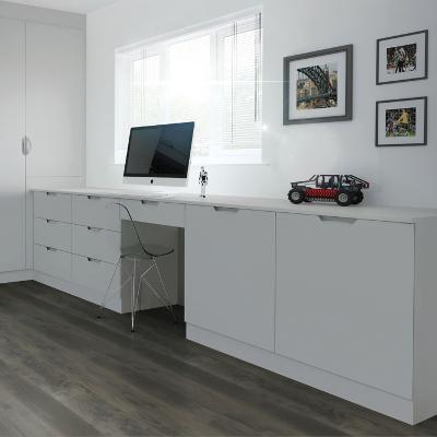 built in custom desk with gloss white doors and drawers