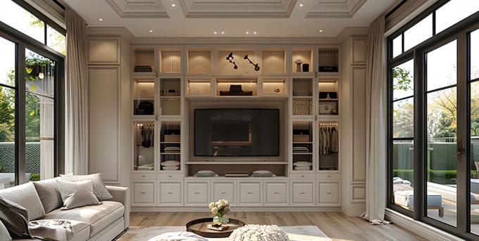 traditional built in entertainment system storage in living area