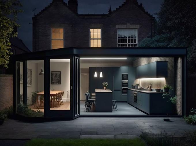 Kitchen Extension at home. Shown at night with kitchen lighting on