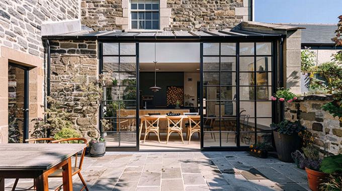 Kitchen dining area with open patio doors 