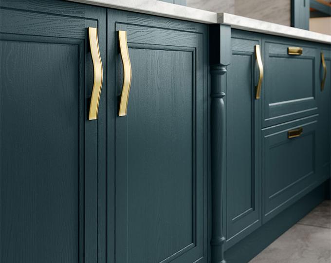 indigo coloured kitchen Cabinet Doors with gold handles