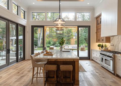 Open plan kitchen looking over island bar