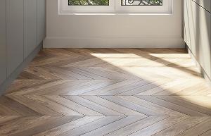 herringbone hard wood floor in kitchen