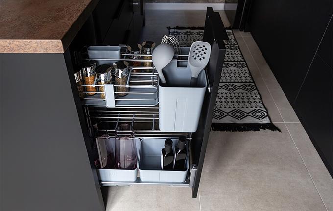 thin draw storage solutions in low cupboard