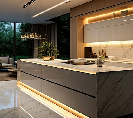 A kitchen with lighting